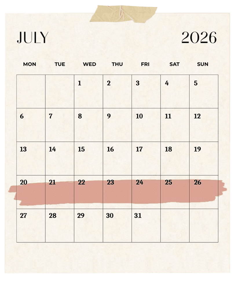 A July 2026 calendar with 20 to 26 July marked