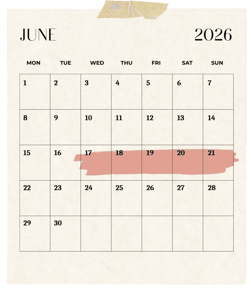 A June 2026 calendar with 17 to 21 June marked