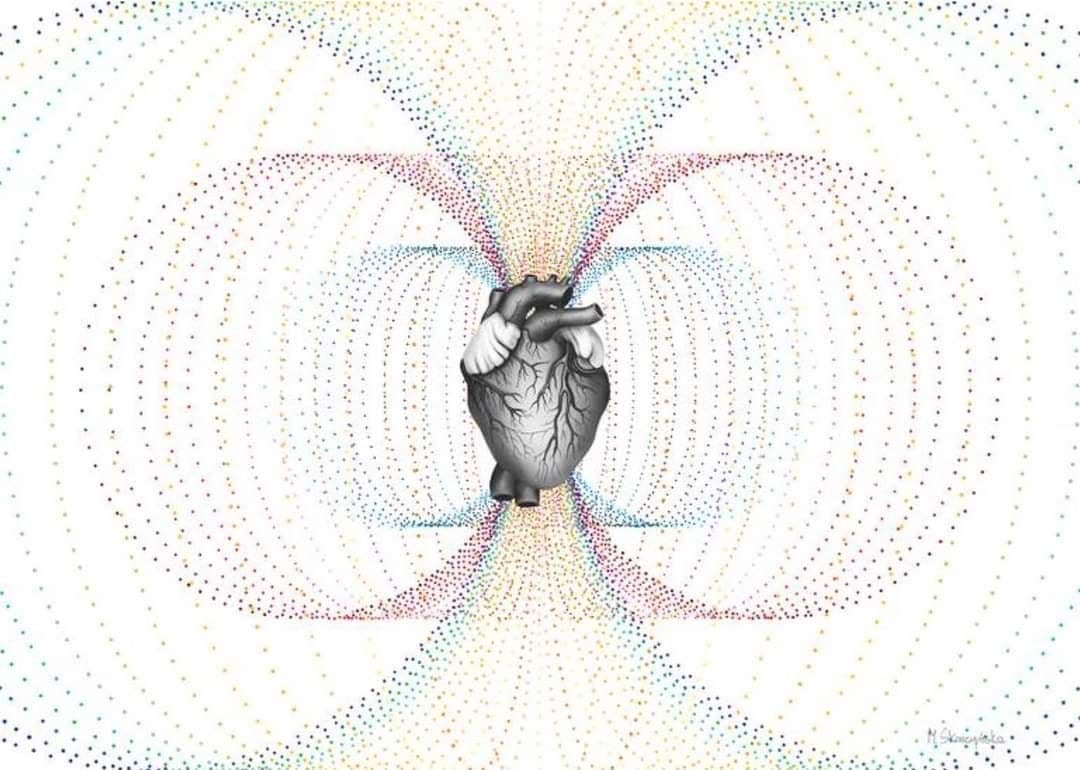 A drawing of a human heart inside the dotted lines of its electromagnetic field