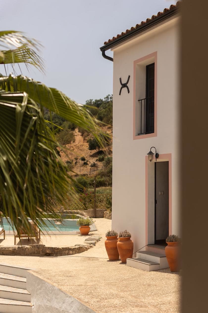 The white retreat house beside the pool, framed by palm fronds