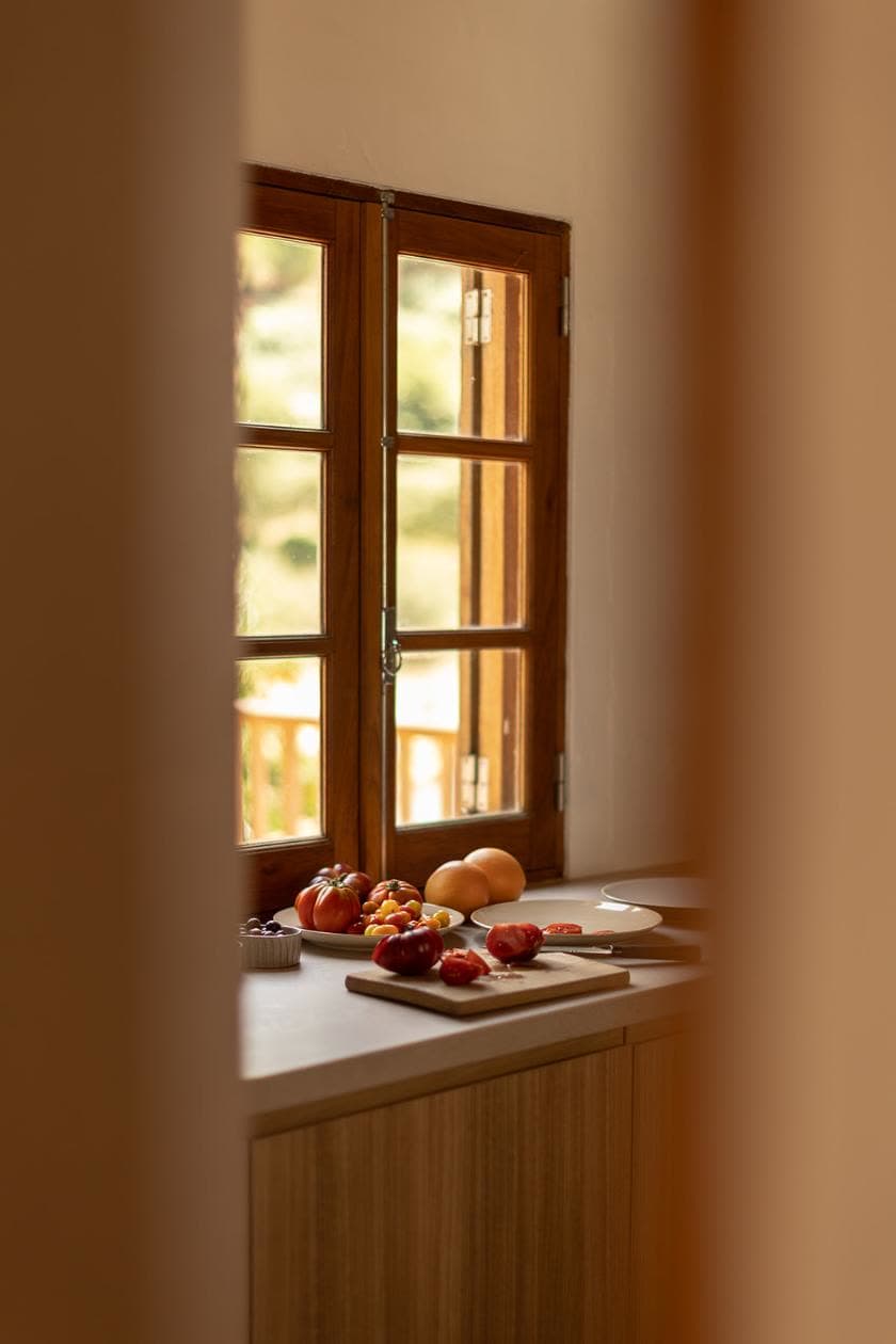 A kitchen window with a bowl of fruit on the counter