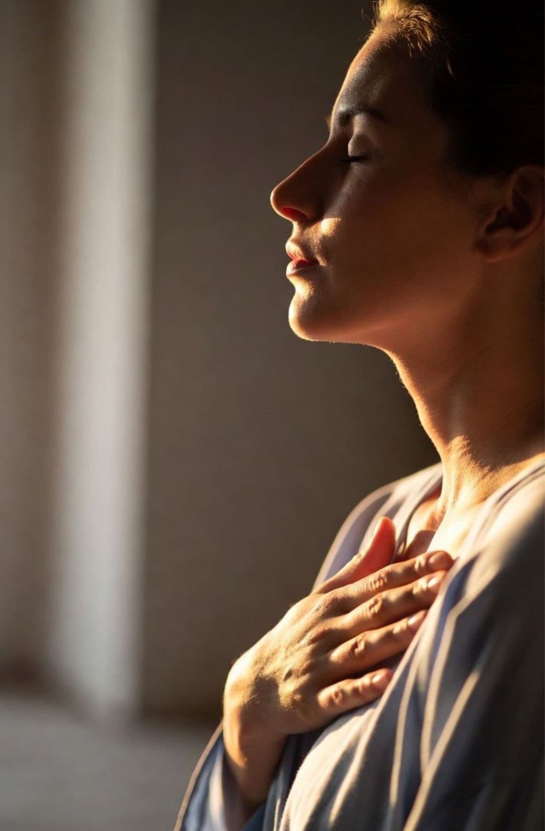 A woman with her hand on her heart and her eyes closed in warm light