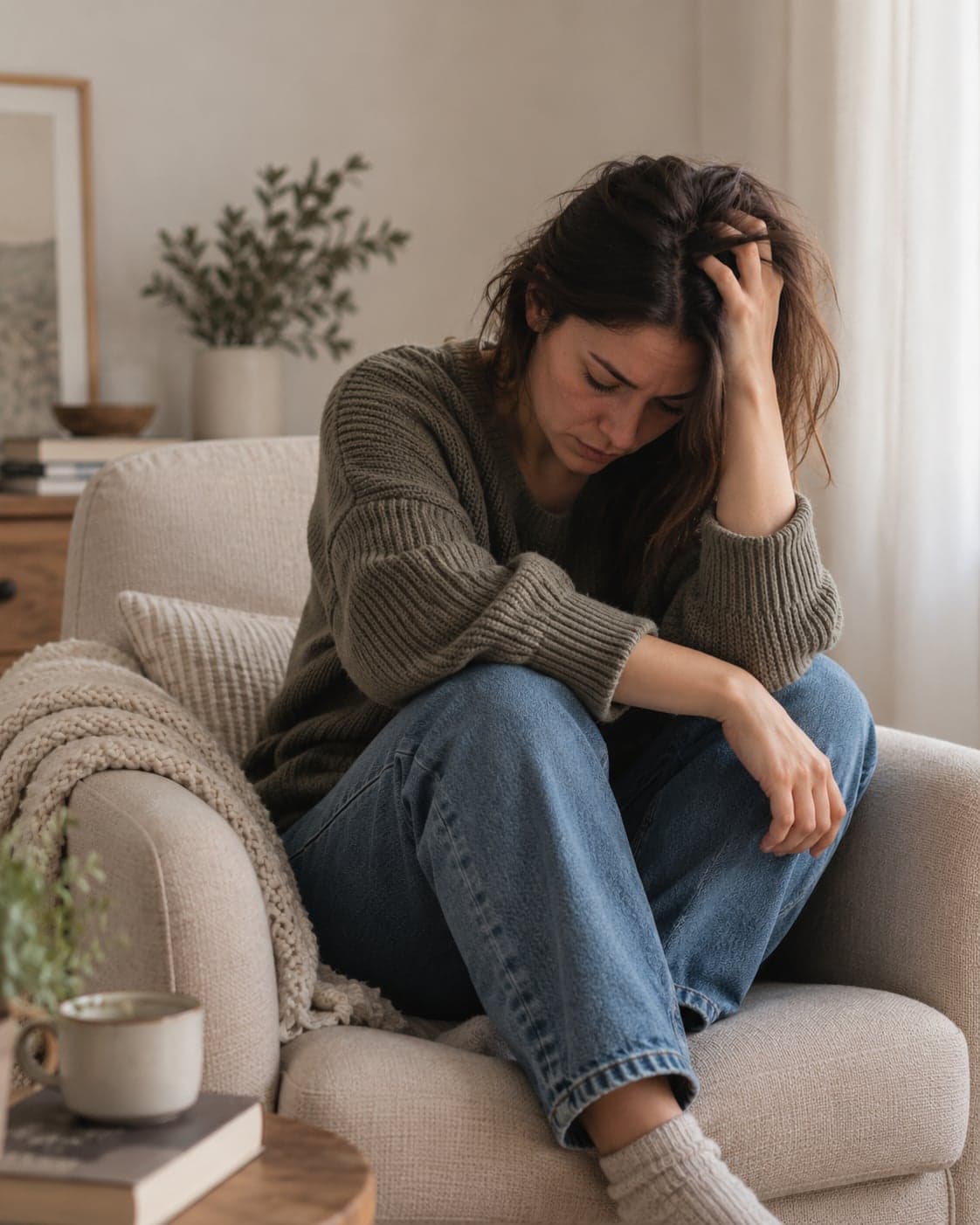 A woman curled up on a sofa with her head in her hand, worn out